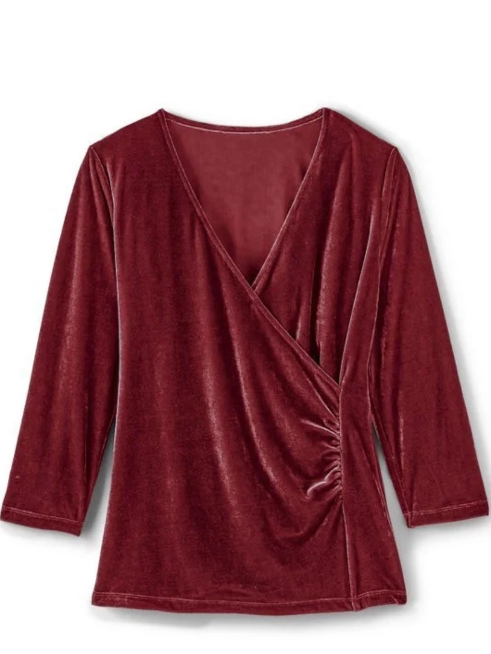 Soft Surroundings Alyssa Velvet Faux Wrap Ruched Top Womens XL Red 3/4 Sleeves